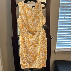 Kate and Lily Yellow Floral Midi Sheath Dress with Chain Detail